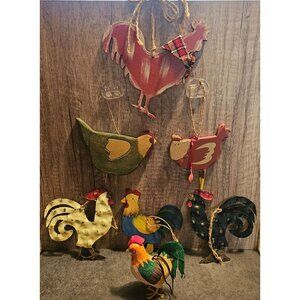 Lot of 7 Chicken Ornaments Multicolor Rustic Farmhouse Style Wood, Metal, Husks